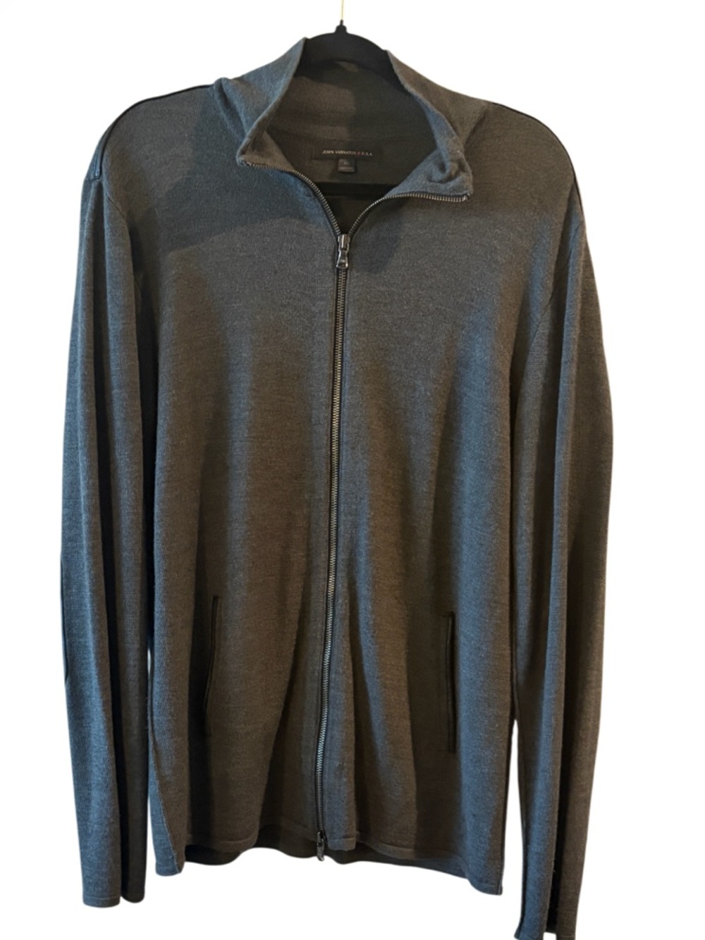 John Varvatos USA Gray Full Zip Sweater XL Merino Wool Leather Trim Elbow Patch